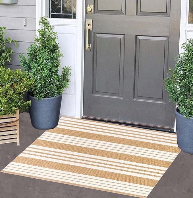 Khaki and White Striped Outdoor Rug 24'' x 35'' Door Mat Outdoor Machine Washable Welcome Mats Cotton Hand-Woven Entryway Rug for Front Porch/Entryway/Laundry/Bathroom/Bedroom