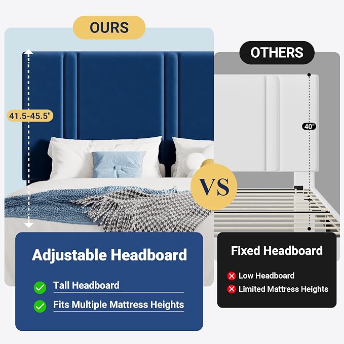 Allewie Full Size Platform Bed Frame with Adjustable Headboard | Plush Velvet Upholstered, Vertical Channel Tufted, Sturdy Wood Slats, No Box Spring Needed, Easy Assembly, Blue