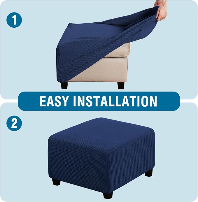 H.VERSAILTEX Square Ottoman Covers Ottoman Slipcovers Folding Storage Stool Furniture Protector Form Fit with Elastic Bottom, Stretch High Spandex Small Checks Jacquard Fabric(Medium,Navy)