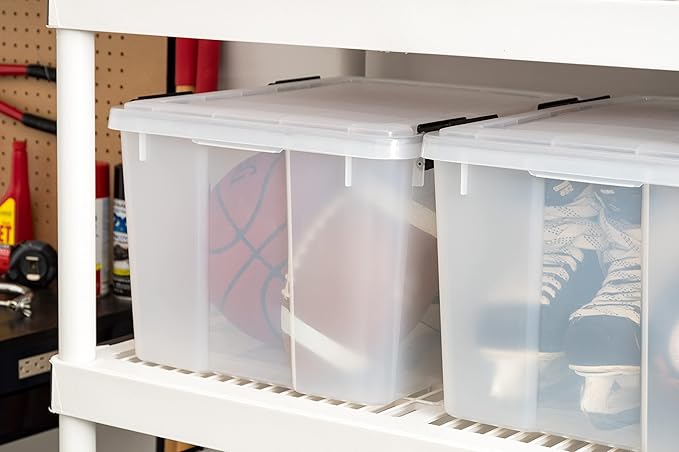 IRIS USA 46 Quart WEATHERPRO Plastic Storage Box with Durable Lid and Seal and Secure Latching Buckles, Clear with Black Buckles, 1 Pack