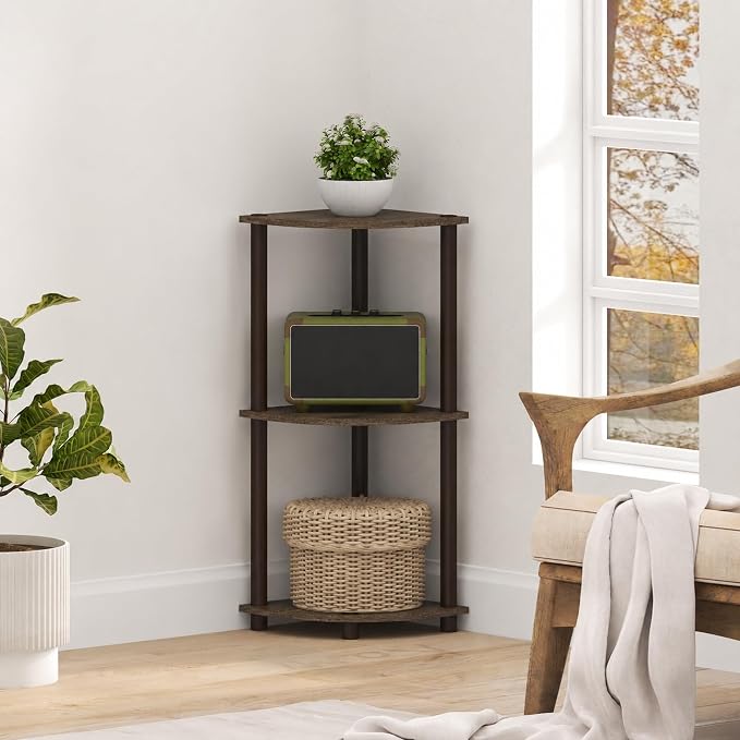 Furinno Turn-N-Tube Toolless Assembly 3-Tier Corner Shelf, Black Corner Book Shelf, Open Shelves Bookshelf, for Organization and Storage, Living Room, Home Office, Bedroom, Black Walnut