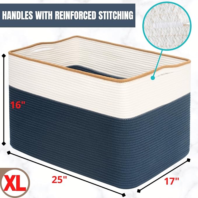 MINTWOOD Design 112L Extra Large Blanket Basket Holder Living Room, 25"x17"x16" Rectangle Rope Woven Storage Basket with Handles for Laundry, Towels, Shoes, Dog Toy Organizer Bin Box, Prussian Blue