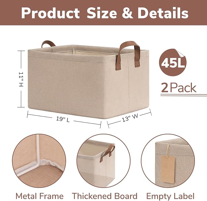 CHICVITA Extra Large Fabric Storage Bins, Metal Frame, 2-Pack, Brown | 45L, 19" L x 13" W x 11" H, Collapsible Design, Blankets, Toys & Home Essentials Storage, Closet & Shelves Organization