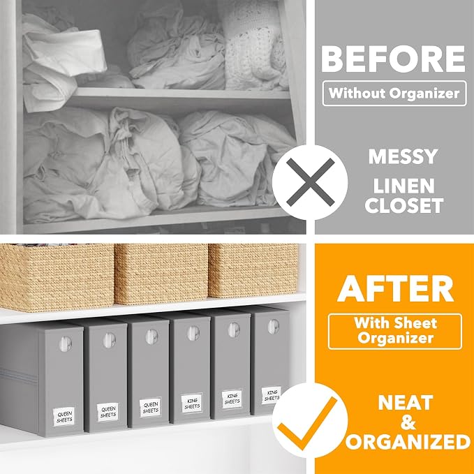SpaceAid 6 Pack Bed Sheet Organizers and Storage, Foldable Sheet Organizer with Window for Linen Closet, Set Folder Keeper for Queen & King Size Bedding Storage (Gray)