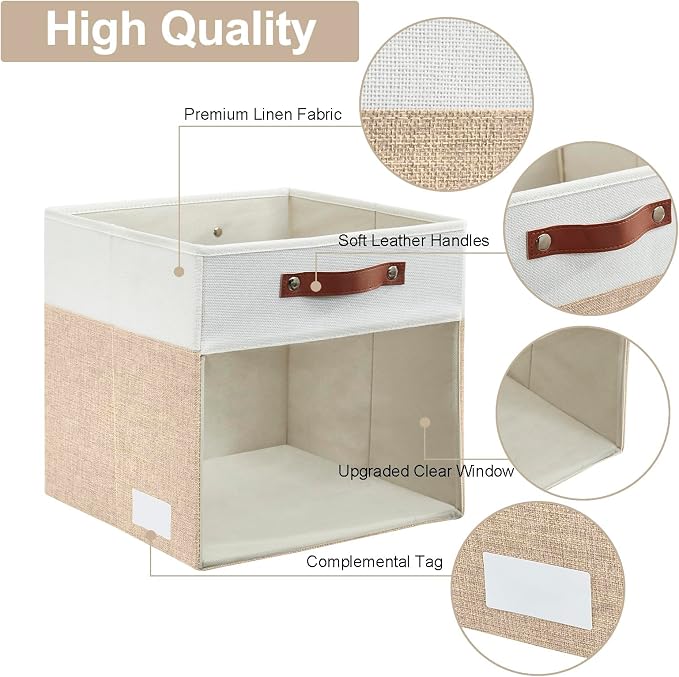 Bagnizer Storage Cubes, 4 Pack Linen Foldable Storage Bins (13 x 13 inch) with Clear Window and Handles, Fabric Organizer for Shelf Closet, Clothes, Books - (Beige and White)