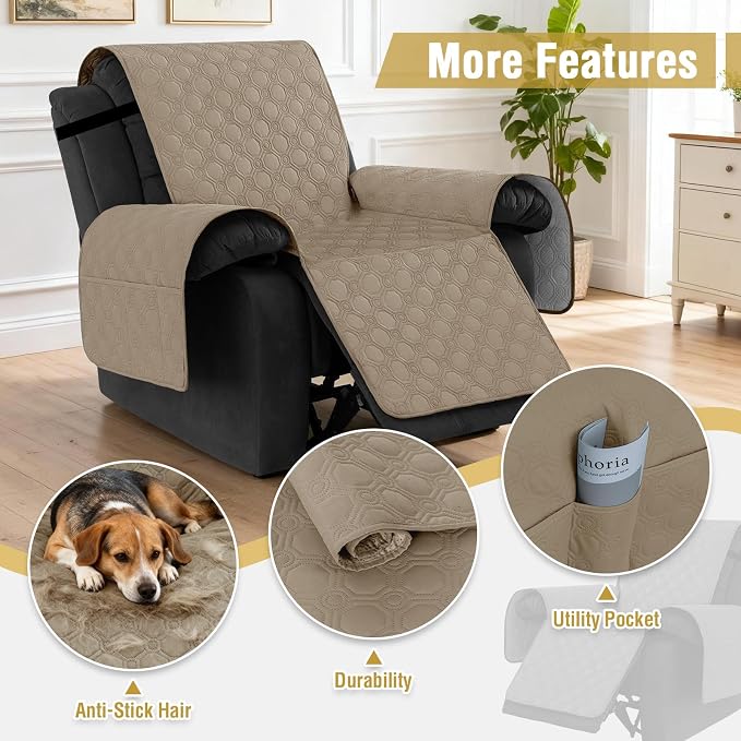 H.VERSAILTEX 100% Waterproof Recliner Chair Covers, Recliner Covers Non-Slip Stay in Place, Thick Cover for Recliner Chair with Pocket, Dog Couch Cover Protector Washable(Taupe, 23")
