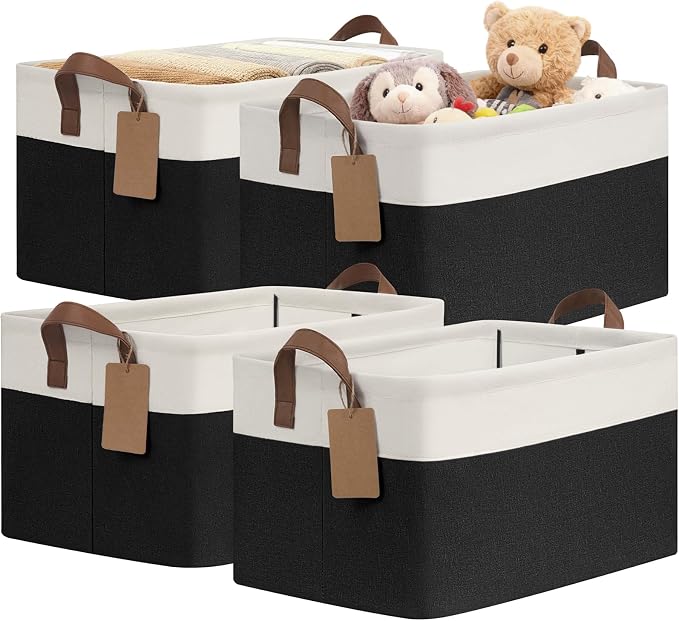 CHICVITA 4 Pack Large Fabric Storage Baskets with Handles, Black & White | 16.8 × 11 × 9.8 in, Collapsible Design, Metal Frame, Closet & Shelf Organization, Toys, Blankets, Clothes & Linens Storage
