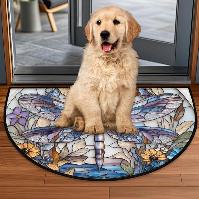 Dragonfly Half Round Door Mat Outdoor Doormat Bedroom Entrance Rug A13 | Dragonfly Glass Painting Semi Moon Door Mat Non-Slip Absorbent Kitchen Rug Indoor Welcome Bath Mat 36" X 24"