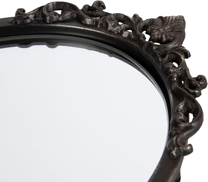Kate and Laurel Arendahl Vintage Oval Mirrored Decorative Tray; 17 x 10; Antique Black; Traditional Ottoman Tray for Living Room Home Decor with Ornate Detailing