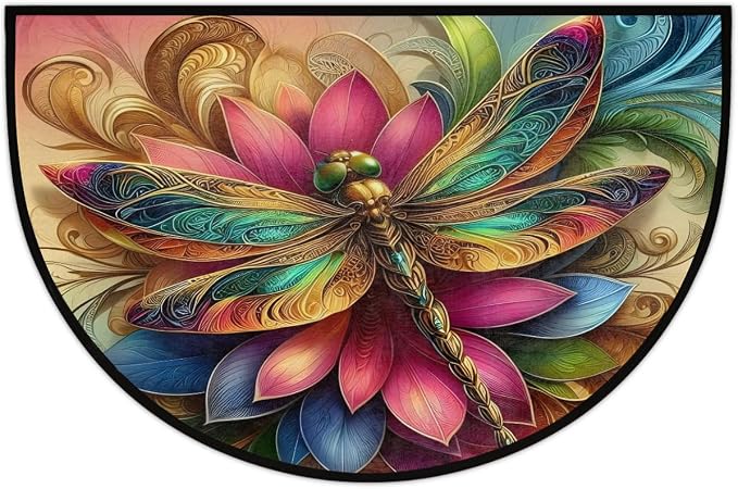 Colorful Dragonfly Gold Half Round Mat Half Moon Door Rug Washable Durable Semi Circle Carpet Floor mats for Indoor Outdoor Bathroom Kitchen Patio Hearth Rug Laundry Room Home Decoration