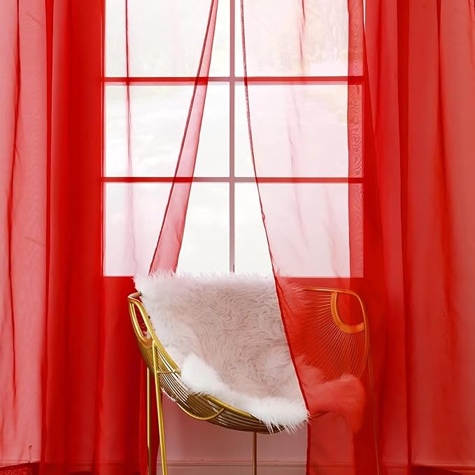 youleyar Solid Sheer Rod Pocket Curtain Voile Draperies 2 Panels White Beige Black Grey Coffee 42 Inch Width 45 Inch Long 1 Pair for Kitchen Bedroom Children Living Room Yard (Red,42Wｘ45L)