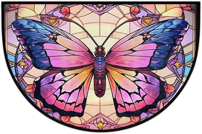 Pardick Half Round Doormat Window Butterfly Art Semi Circle Rug Non Slip Indoor Outdoor Entrance Half Moon Rug Washable Front Floor Mat for Kitchen Bathroom Patio Fireplace Holiday Decor