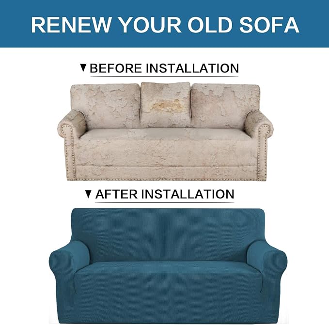 H.VERSAILTEX Stretch Sofa Covers 4 Seater Sofa Slipcovers for Living Room Feature Thick Checked Jacquard Fabric with Elastic Bottom, Sofa X-Large - Deep Teal