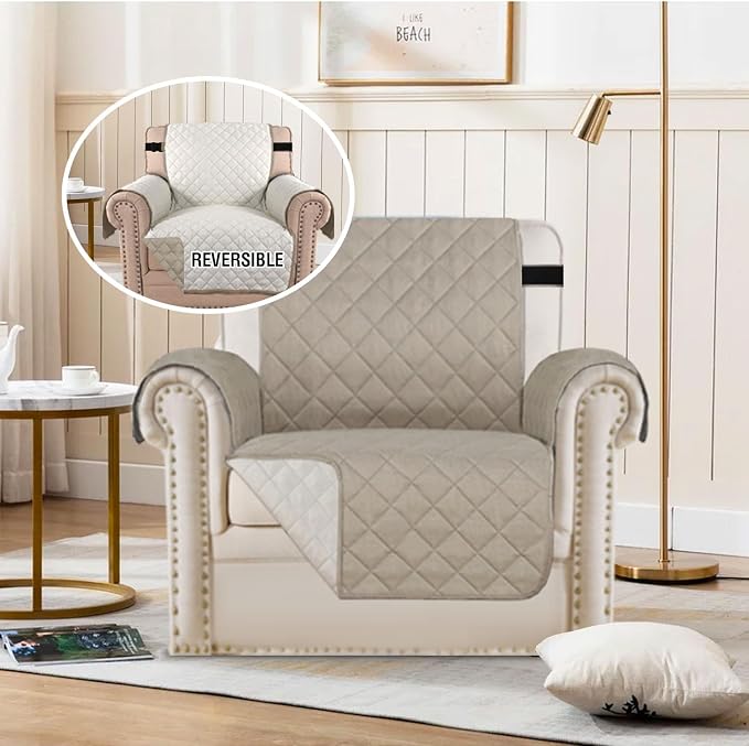 H.VERSAILTEX Reversible Quilted Chair Cover Washable Couch Covers for Dogs Water Resistant Furniture Covers with Elastic Strap Pet Chair Cover for Furniture(Armchair, Khaki/Beige)
