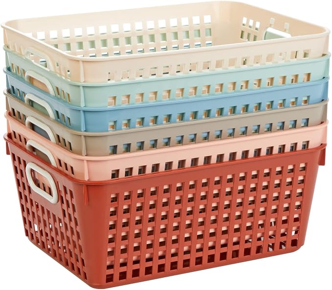 Really Good Stuff Large Plastic Storage Baskets with Handles, Boho Colors | 13.75" x 9.75" x 5", for Books & Supplies, Organize Classroom & Home