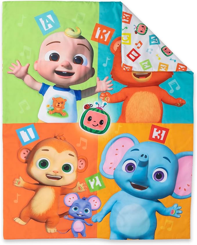 CoComelon Learning is Fun 4 Piece Toddler Bedding Set – Includes Comforter, Sheet Set – Fitted + Top Sheet + Reversible Pillowcase for Boys and Girls Bed, Letters and Music Design, Orange