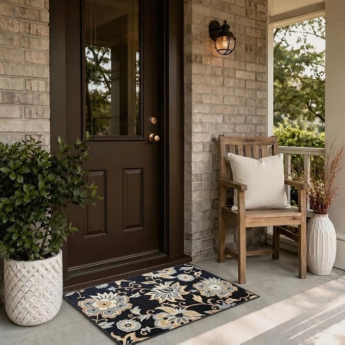 Floral Washable Entry Rug 2x3, Water Resistant Non Slip Ultra Thin Vintage Doormat, Throw Stain Resistant Small Kitchen Rug Indoor, Black Print Boho Cute Carpet, for Bedroom, Entryway, Laundry Room