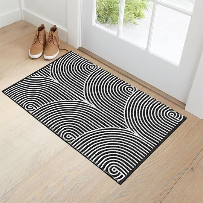 Tiffasea Front Door Mat 2'x3' Washable Welcome Mat Kitchen Bathroom Rug | Woven Black and White Bathroom Rug Machine Washable Reversible Indoor Outdoor Rugs Layered Floor Mat for Entryway/Kitchen