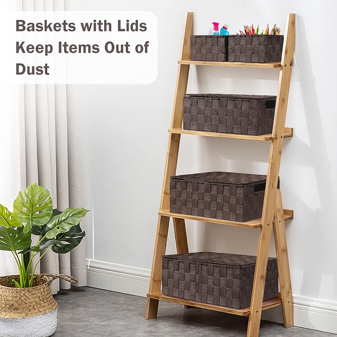 Storage Baskets with Lids: 5 Pack Stackable Woven Storage Bins, Brown | Decorative Woven Baskets for Organizing with Built-In Handles for Shelves, Closets, Cabinets and Cubbies, Gift Small Basket