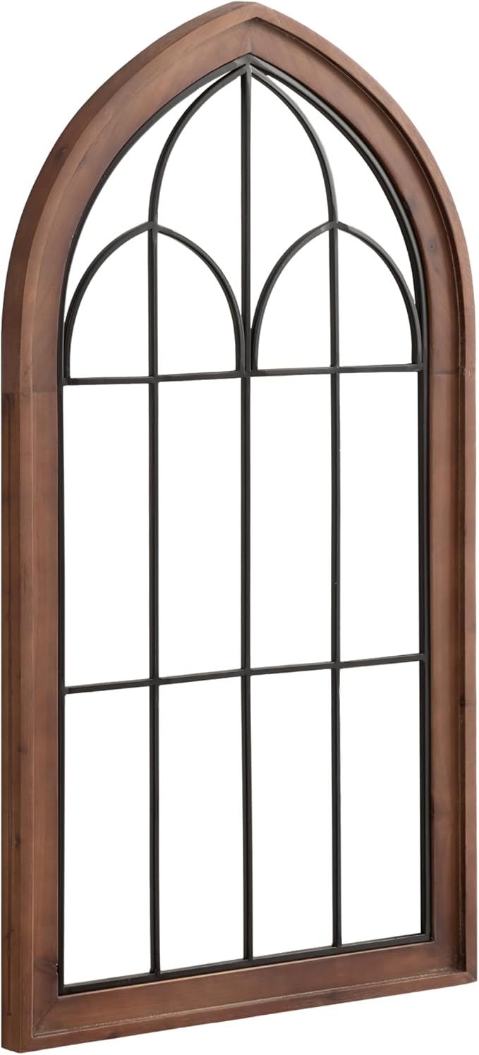 Kate and Laurel Rennell Farmhouse Arched Wall Art Plaque; 19 x 36; Walnut Brown and Black; Wood and Metal Windowpane Wall Decor for Use as Fireplace Mantel Decor or Entryway Wall Accent