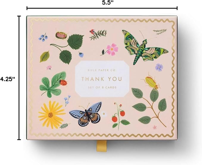 RIFLE PAPER CO. Curio Thank You Keepsake Card Boxed Set of 8, 4.25" L x 5.5" W Blank Interior Lets Your Thoughtful Handwritten Note Take Center Stage, Crafted in the USA