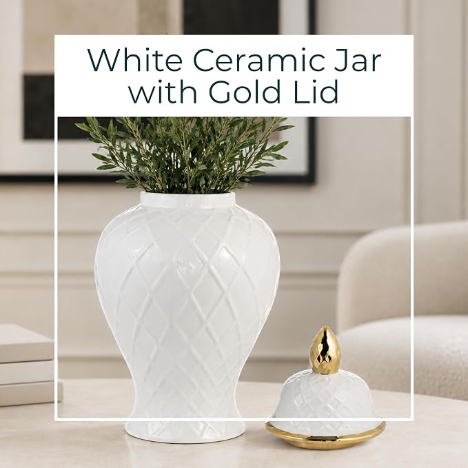 Decorative Ceramic Vase with Lid for Living Room and Home Decor - Elegant Flower Vase Accent for Room, Bedroom, or Office Display - Sculpted Table Accent for House Decoration - 20", White & Gold