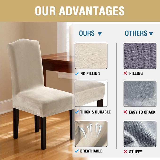 H.VERSAILTEX Dining Chair Covers Velvet Stretch Chair Covers for Dining Room Set of 6 Parson Chair Slipcovers Chair Protectors Covers, Soft Thick Solid Velvet Fabric Washable, Ivory