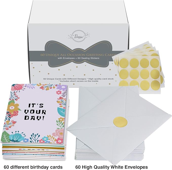 Dessie 60 Unique Birthday Cards Assortment 5x7 with Generic Birthday Greetings Inside. Suitable For Men, Women and Kids. Send As Is Or Personalize. Includes Envelopes and Gold Stickers