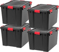IRIS USA 4-Pack 74 Qt Storage Bins with Gasket Lids, Black/Red | WeatherPro seal helps protect bulky items for moving, garage, attic and basement storage