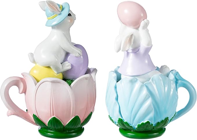 Glitzhome Easter Decorations Bunny Figurine, Set of 2 Resin Rabbit Tabletop Centerpiece Sitting on Tulip Mug with Colorful Egg for Spring Home Indoor & Outdoor Decor