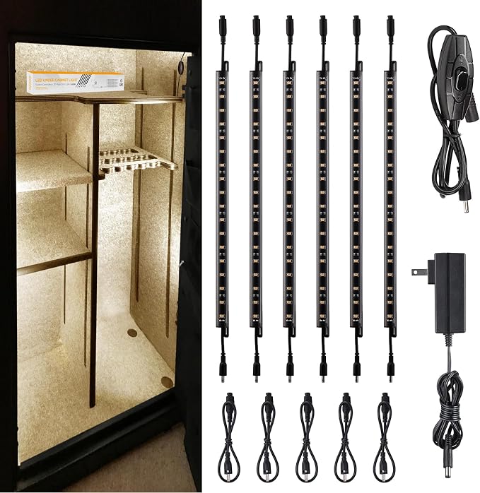 TORCHSTAR 6pcs 12 Inch LED Safe Lighting Kit, Rocker Switch, 3000K | UL Power Adapter, Input 100-240V, Linkable Gun Safe Light Bars, 900LM, for Under Cabinet Locker Closet Showcase, Warm White