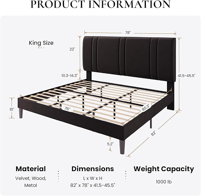SHA CERLIN King Size Velvet Bed Frame with Adjustable Headboard, Black | Vertical Channel Tufted Design, Upholstered Platform Bed, Wood Slats Support/No Box Spring Needed/Easy Assembly