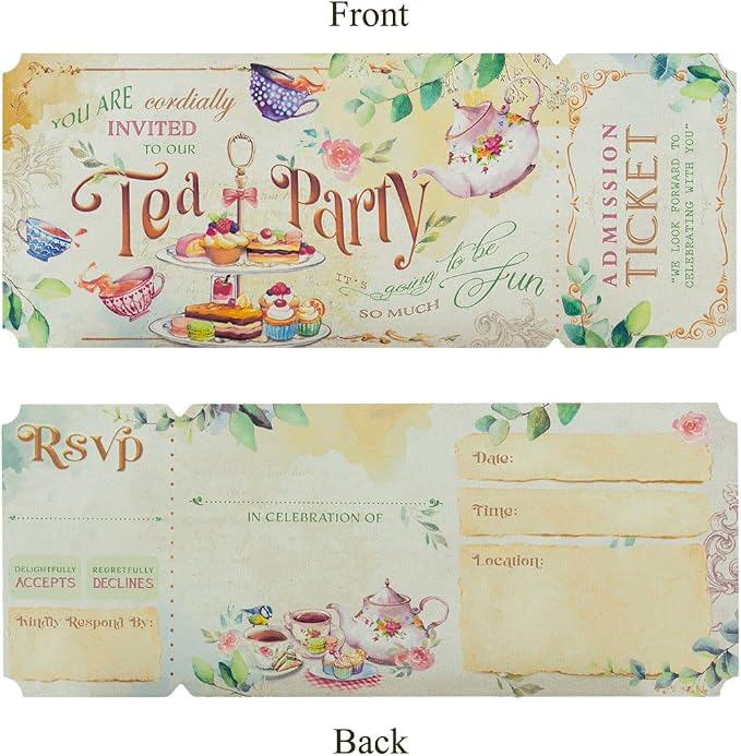 Summer-Ray 24 sets Garden Tea Party Invitation with Envelope Holder Birthday Invitation Princess Tea Party Social Event Invitation