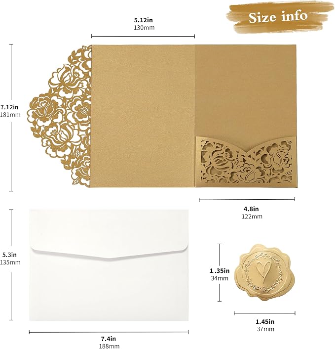 DORIS HOME Laser Cut Wedding Invitation Pockets, Gold, 5"x7" | 50pcs, With Envelopes, For Wedding & Anniversary, No Inserts Included