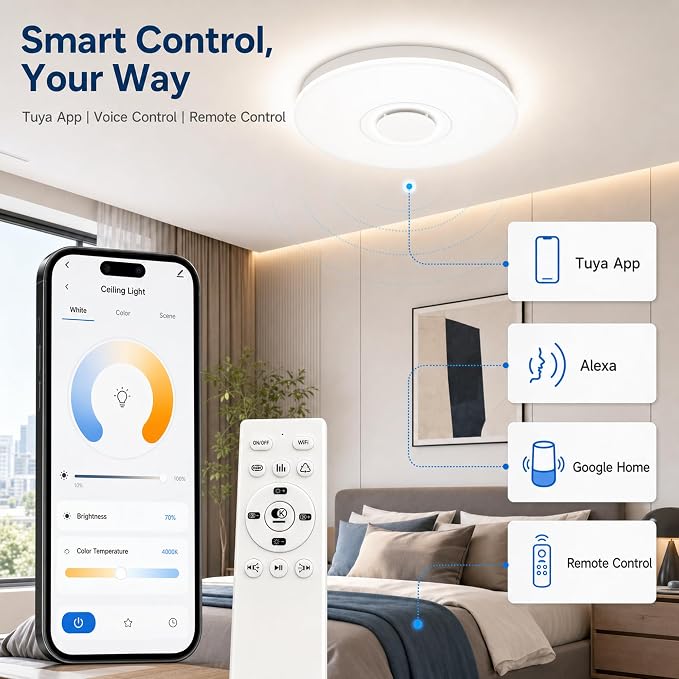 Ceiling Lights with Bluetooth Speaker, 15 inch Smart Ceiling Lamp Compatible with Alexa and Google Home,Room Light for Bedroom, Living Room