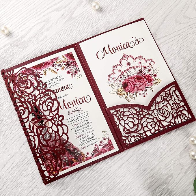 50PCS Customized Burgundy Quinceanera Invitations with Envelopes | 4.7x7 inch, Laser Cut, Invitation Cards for Miss XV, Sweet 16, 18th Birthday, Quince Invite,Quinceanera invitations, XV Anos