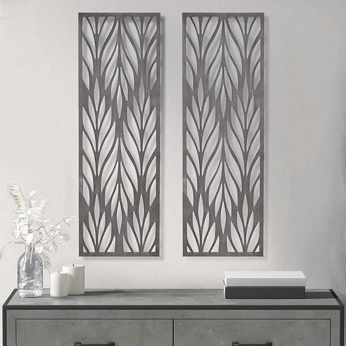 Madison Park Florian Wall Art - Carved Wooden Botanical Leaves Framed, Natural Sheen Finish - Modern Décor for Living Room, Ready to Hang Bedroom Decoration, 12"W x 36"H x 1"D, Reclaimed Grey 2 Piece