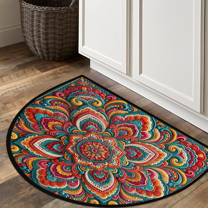 Flower Half Round Door Mat Semi Moon Rug Fireplace Carpet Area Rugs | Colorful Bohemia Non Slip Absorbent Half Circle Mat Carpet for Indoor Outdoor Patio Kitchen Bathroom Entryway Home Decor