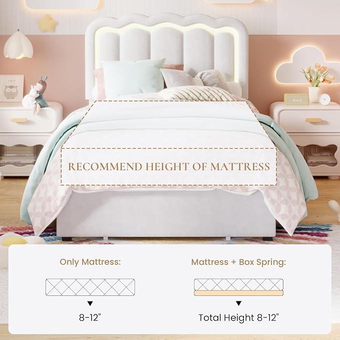 SHA CERLIN Twin Size Bed Frame with LED Lights and Storage Drawer, White | Upholstered Velvet Platform Bed with Adjuatable Wavy Headboard, Noise-Free, Easy Assembly,No Box Spring Needed