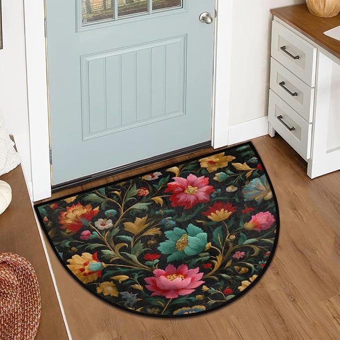 Flower Half Round Door Mat Semi Circle Rug Half Moon Doormat | Soft Washable Colorful Vintage Welcome Entrance Mat for Outdoor Indoor Floor Bedroom Bathroom Home Kitchen Festival Decor