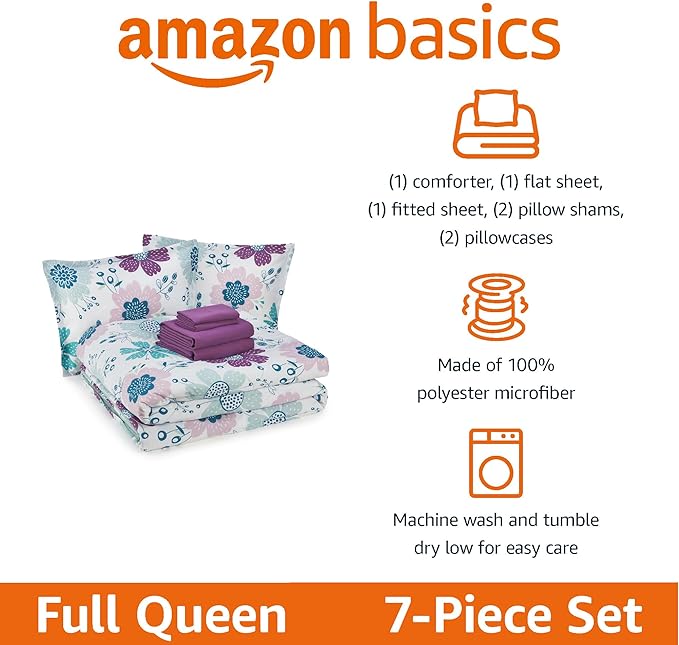 Amazon Basics 7-Piece Microfiber Kid's Comforter Bed-in-a-Bag Bedding Set with Sheets, Full/Queen, Bluish Flowers