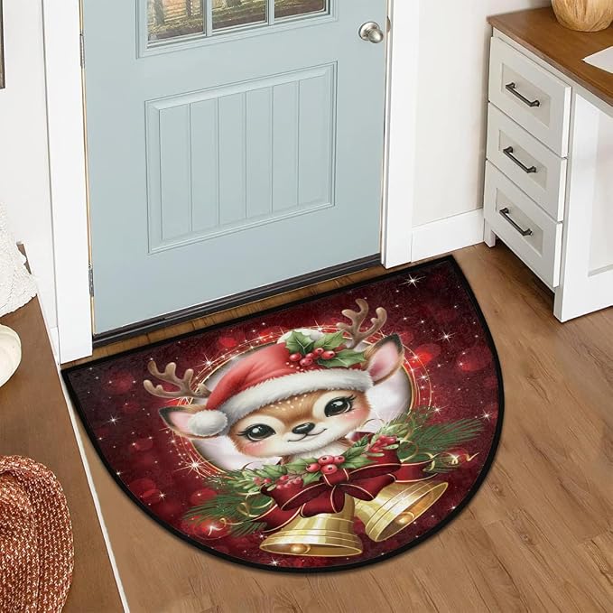 Christmas Xmas Half Round Door Mat Christmas Xmas Bells Deer Half Moon Rug Washable Half Circle Area Rugs Indoor Entrance Non Slip Semi Circle Rugs Floor Carpet for Kithen Bedroom Decorate Gift
