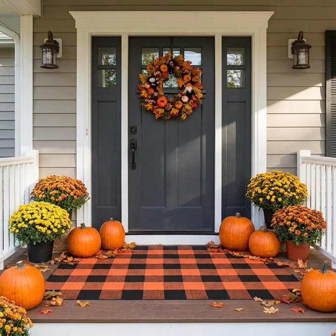 SEEKSEE Buffalo Plaid Outdoor Rug 3' x 5' Orange and Black Front Door Mat, Layering Rug for Porch, Halloween Doormat, Front Porch Rug for Outdoor Entrance Entryway Patio Porch Decor