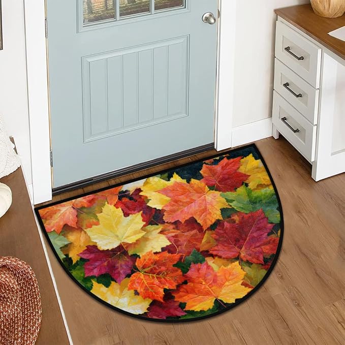 Autumn Half Round Door Mat Welcome Entrance Mat Bath Bathroom Rug C3 | Autumn Fall Maple Leaves Welcome Entrance Mat Anti-Slip Half Moon Bath Mat Semi Circle Rug Indoor Outdoor Kitchen Rug