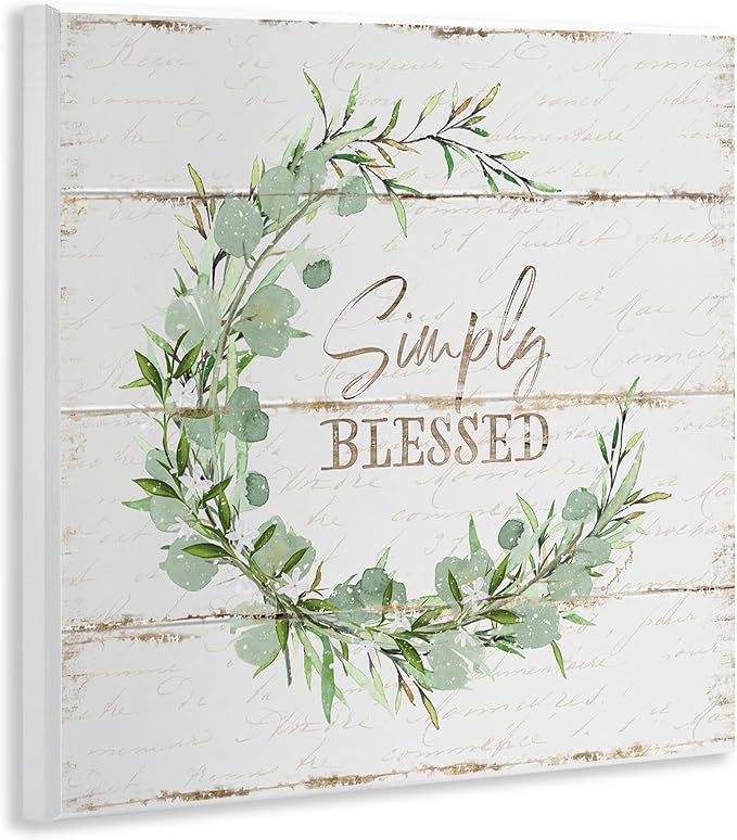 Stupell Industries Simply Blessed Phrase with Distressed Styling and Wreath Wall Art, 12x12, Off- White