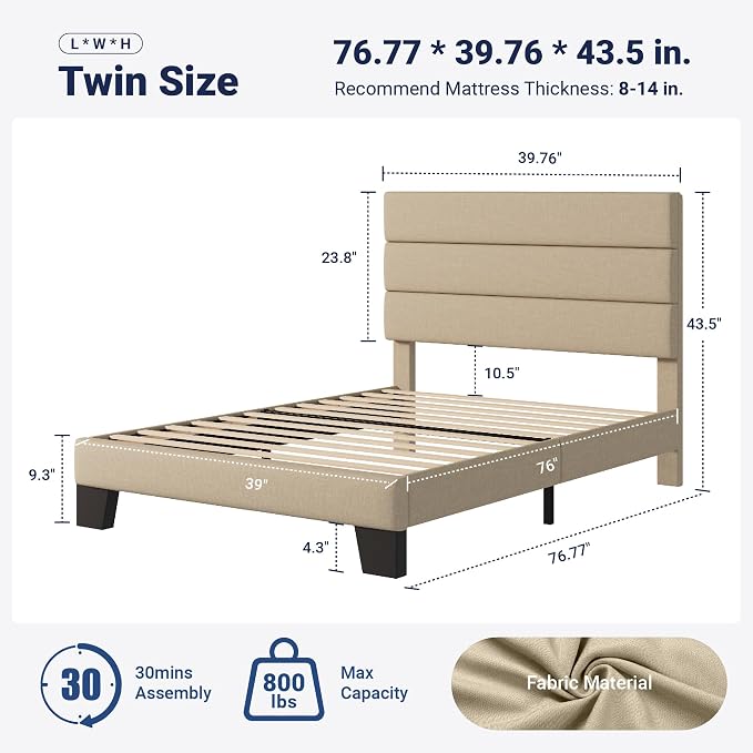 Allewie Twin Size Platform Bed Frame with Fabric Upholstered Headboard | Wooden Slats Support, Fully Upholstered Mattress Foundation, No Box Spring Needed, Easy Assembly, Noise-Free, Beige