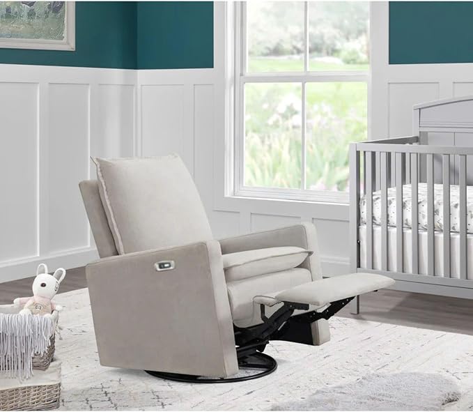Oxford Baby Uptown Power Upholstered Glider Recliner Rocking Chair 270° Swivel for Nursery and Living Room – Sand, Green Guard Gold Certified