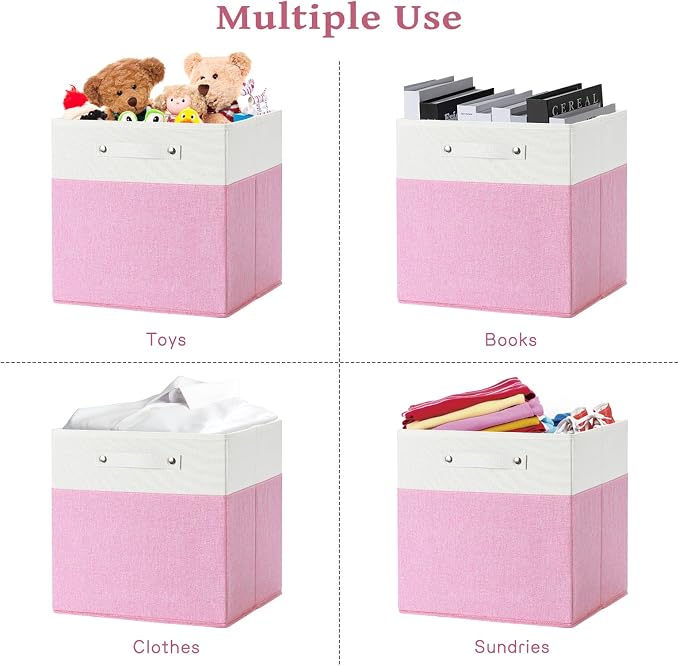 FinishingBo 13x13x13 Storage Cube Bins 4 Pack, Cube Shelf Baskets | Foldable Storage Cubes, Linen Storage Bins with Handles, Closet Organizers, White/Pink