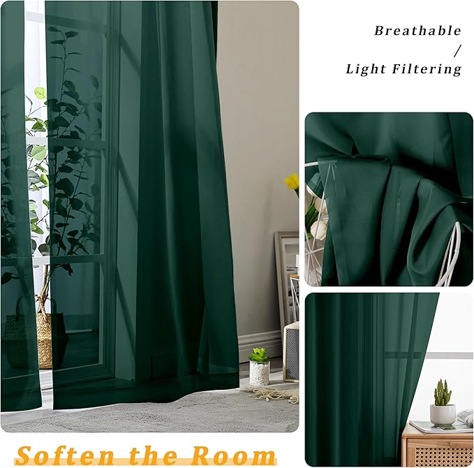 Gwine Hunter Green Sheer Curtain Tiers 24 Inch Length, Light Filtering Voile - Image 4