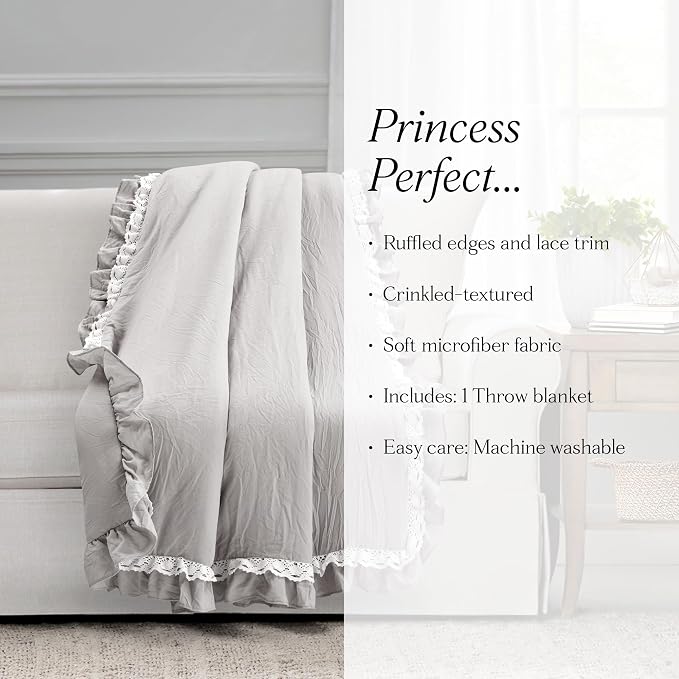 Lush Decor Ella Ruffle Lace Throw Blanket, 50" W x 60" L, Light Gray - Coquette Throw Blankets for Bed - Couch Blanket - Ruffled Throw Blanket for Couch